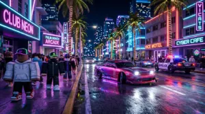 Roblox avatars in a GTA style open world city with sports cars and neon lights