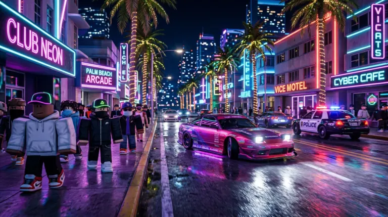 Roblox avatars in a GTA style open world city with sports cars and neon lights
