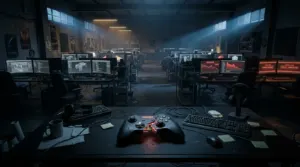 Cracked video game controller on desk in abandoned game studio