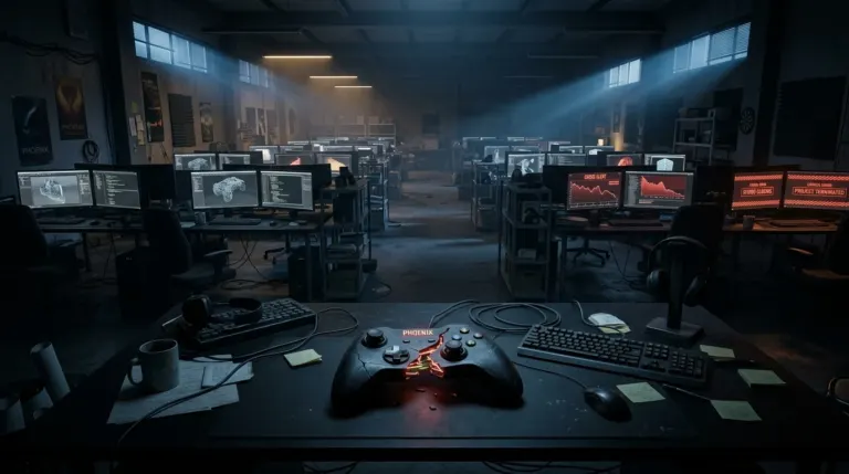 Cracked video game controller on desk in abandoned game studio