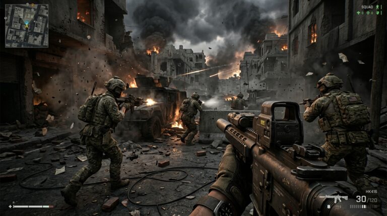 Soldats tactiques au combat dans un champ de bataille urbain sur le FPS WARDOGS