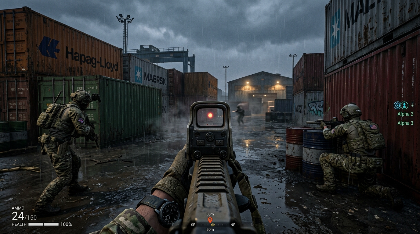 First-person perspective of squad member navigating an industrial combat zone in tactical FPS WARDOGS