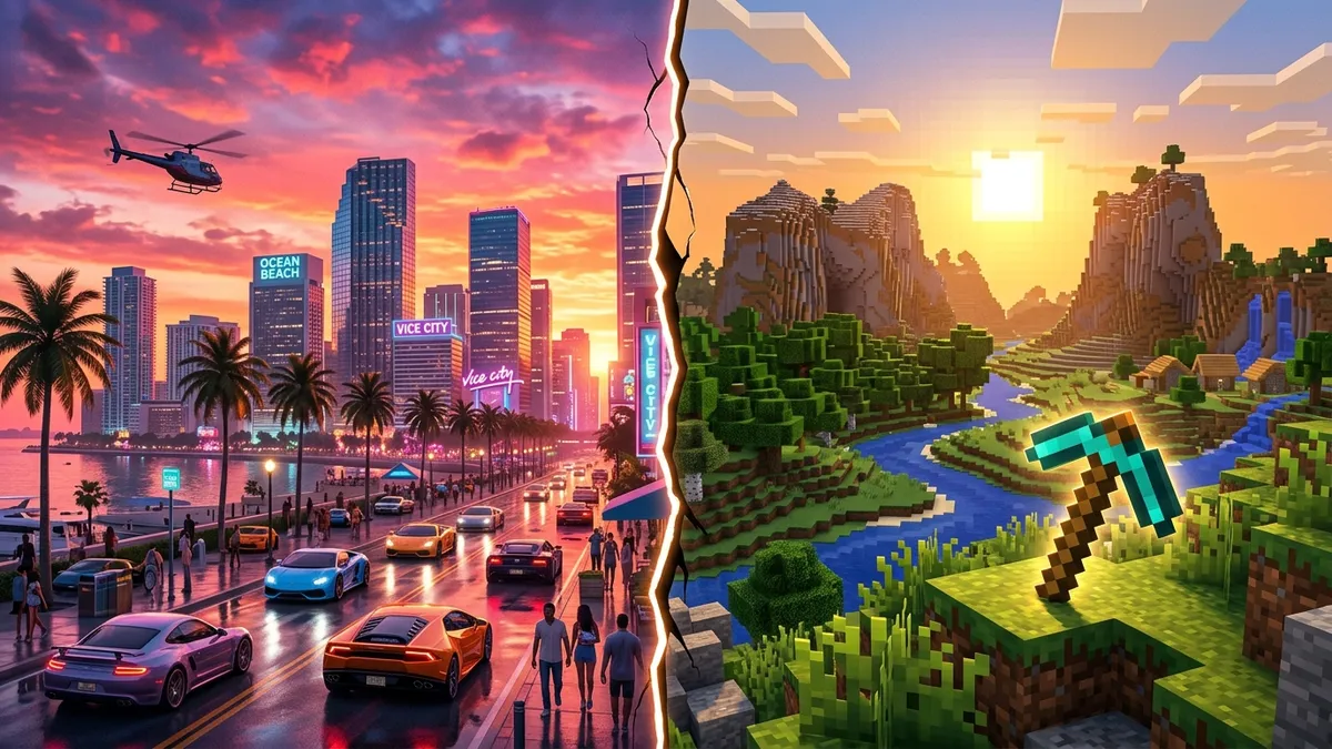 Conceptual illustration comparing GTA 6 and Minecraft sales records