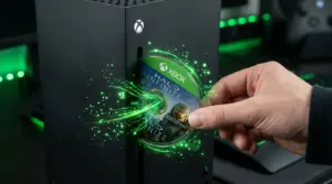 Xbox Series X console disc drive with glowing digital transfer representing Xbox Disc-to-Digital conversion