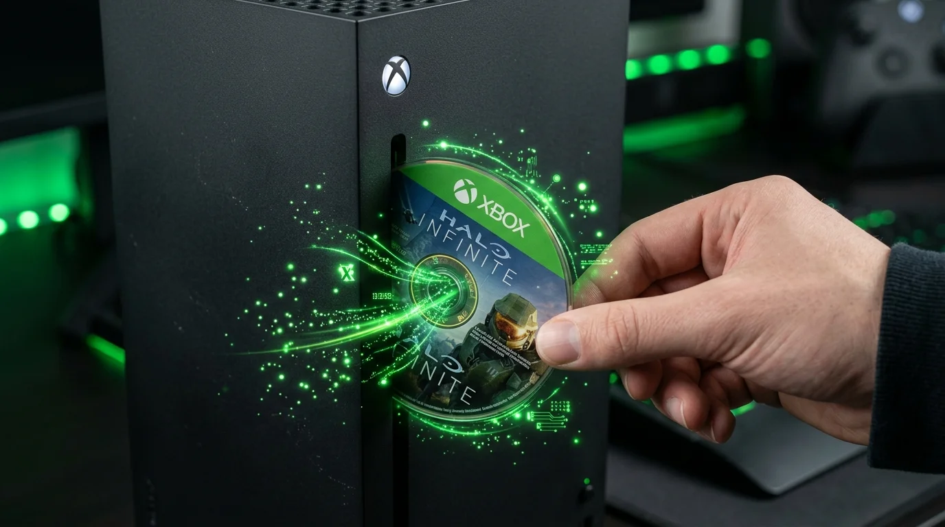Xbox Series X console disc drive with glowing digital transfer representing Xbox Disc-to-Digital conversion