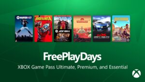 Official Xbox Free Play Days banner featuring Borderlands 4, F1 25, Madden NFL 27, and Dustborn