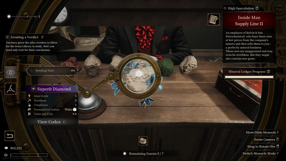Inspecting a raw diamond ore through a jeweler monocle in Abyssal Lapidary on Steam