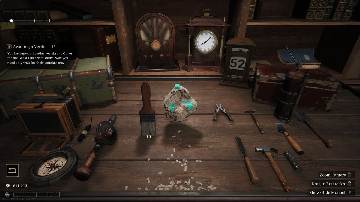 Victorian lapidary workbench with hand drill, hammer, chisel, and raw ore in Abyssal Lapidary