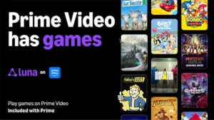 Amazon Luna cloud gaming hub inside the Prime Video Games tab on Fire TV alongside the Luna Wireless Controller