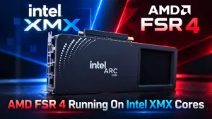 Intel Arc B580 graphics card running AMD FSR 4.1.2 on XMX cores