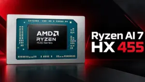 AMD Ryzen AI 7 HX 455 processor chip from the Gorgon Point lineup pairing 8 CPU cores with a full 16-CU Radeon 890M iGPU