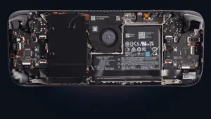 Exploded view of Valve Steam Deck internal hardware architecture with custom AMD APU and LPDDR5 memory
