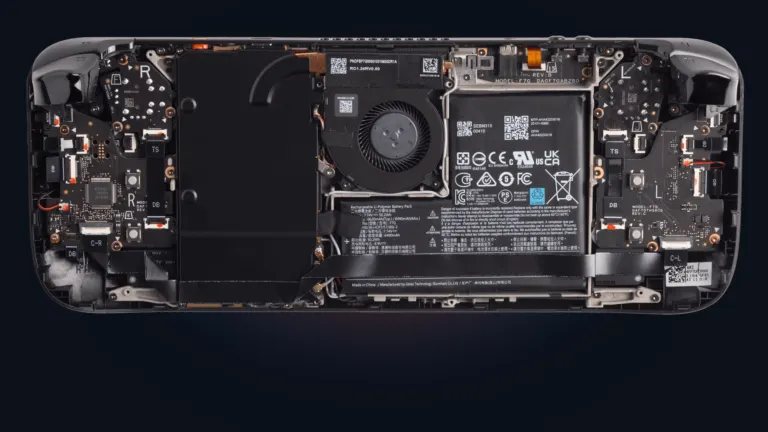 Exploded view of Valve Steam Deck internal hardware architecture with custom AMD APU and LPDDR5 memory
