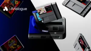 Official visual of Analogue Super Nt+ and Mega Sg+ FPGA consoles with Super NES and Sega Genesis cartridges