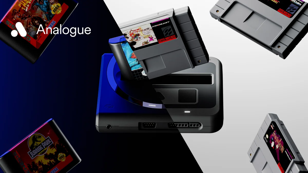 Official visual of Analogue Super Nt+ and Mega Sg+ FPGA consoles with Super NES and Sega Genesis cartridges