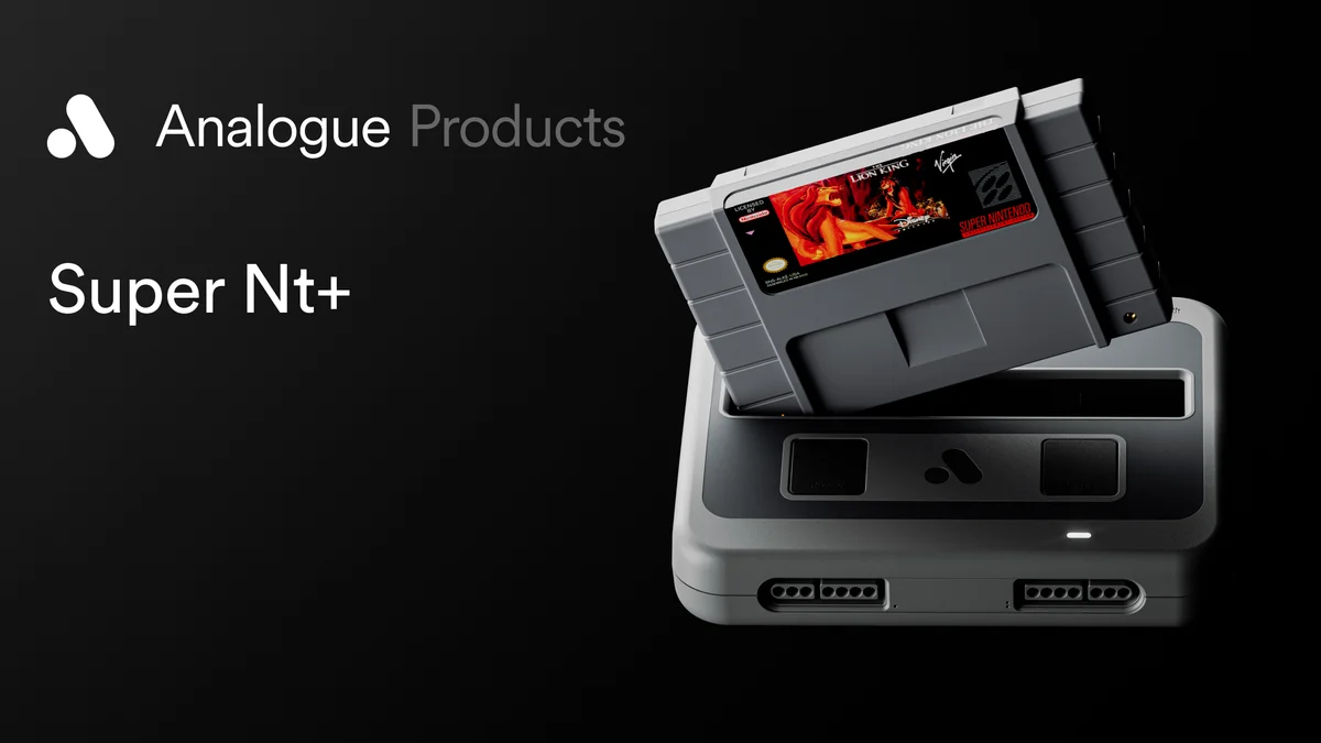 Analogue Super Nt+ FPGA console with Super NES cartridge and wireless pairing button
