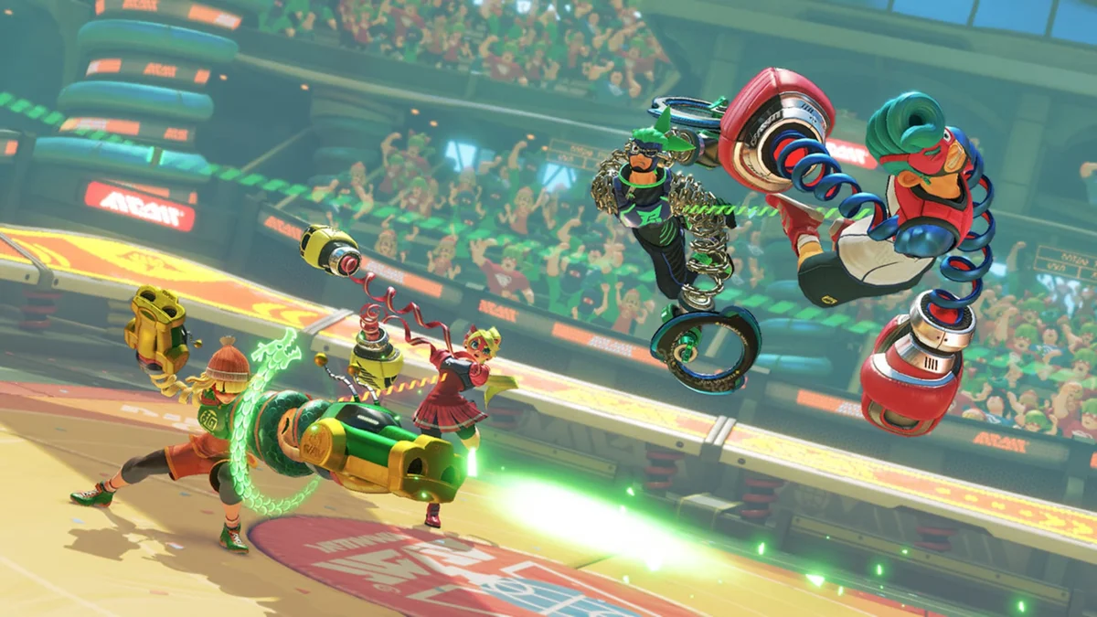 Arena match in ARMS featuring Spring Man, Ribbon Girl, Min Min, and Ninjara