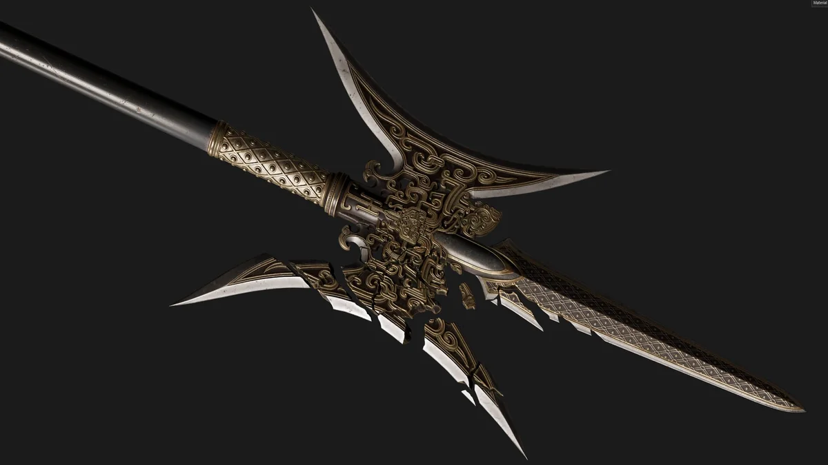 3D render of warlord Xiang Yu's ornate halberd from the cancelled Assassin's Creed Destiny prototype