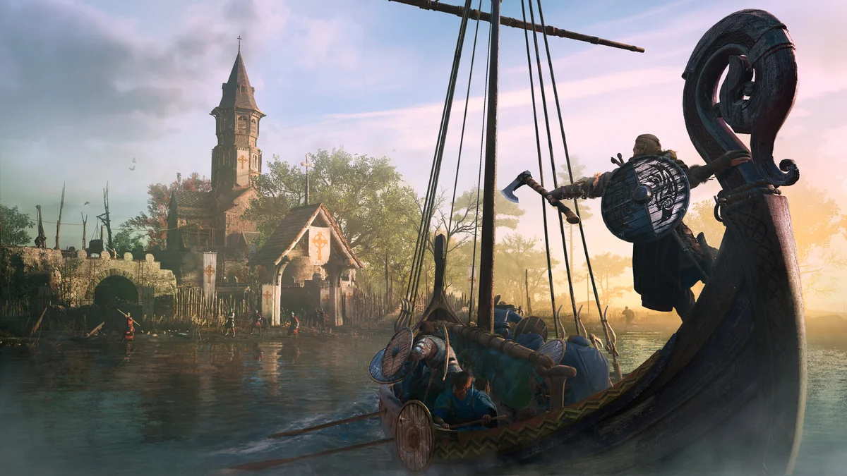 Eivor in Assassin's Creed Valhalla featuring Divine Gear and Mithril progression in New Game+