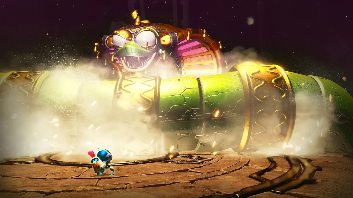 Boss battle gameplay in Astro Bot on PS5, driven by a 46.6% physical disc sales share