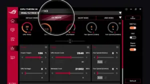 ASUS GPU Tweak III 2.2.1.1 software dashboard showing OC Mode, fan speed controls, and Power Detector+ toggle