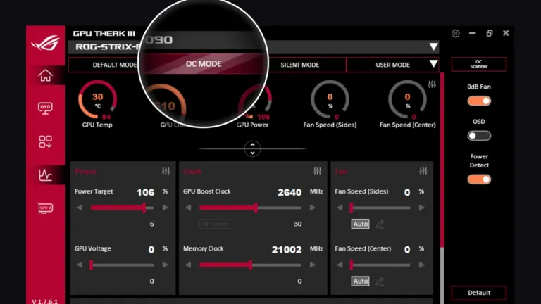 ASUS GPU Tweak III 2.2.1.1 software dashboard showing OC Mode, fan speed controls, and Power Detector+ toggle