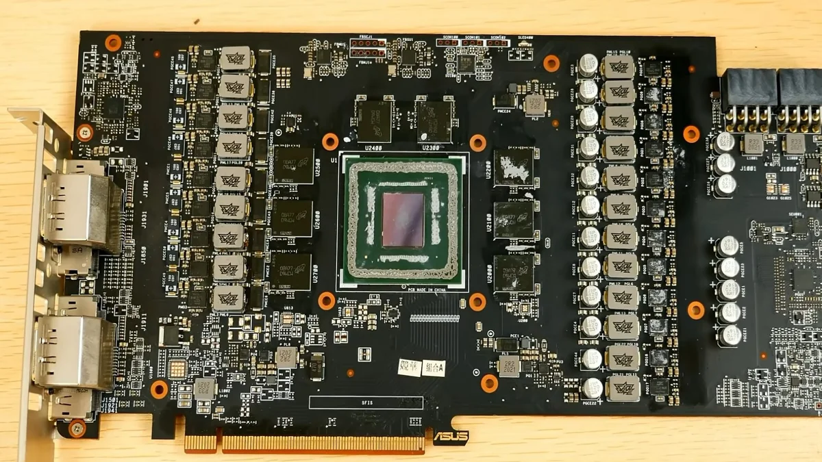 Detailed view of the 18-phase VRM custom PCB on the ASUS ROG Matrix Radeon RX 5700 XT prototype