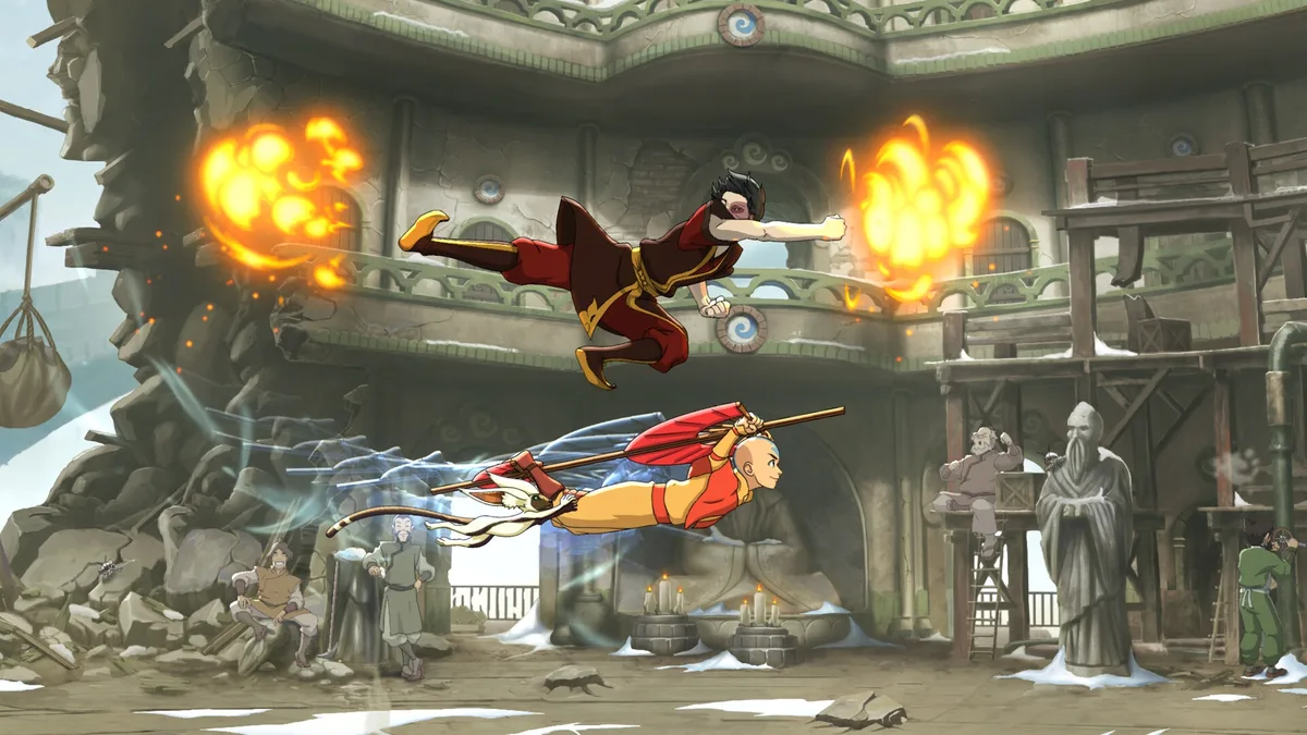 Hand drawn 2D aerial combo gameplay in Avatar Legends The Fighting Game