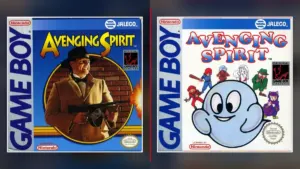 Comparison of North American and European Game Boy box art for Avenging Spirit on Nintendo Switch Online