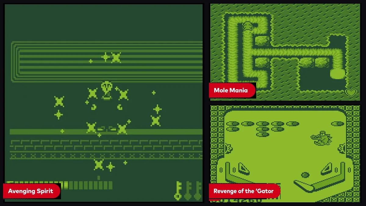 Gameplay screenshots of Avenging Spirit, Mole Mania, and Revenge of the 'Gator on Game Boy Nintendo Switch Online