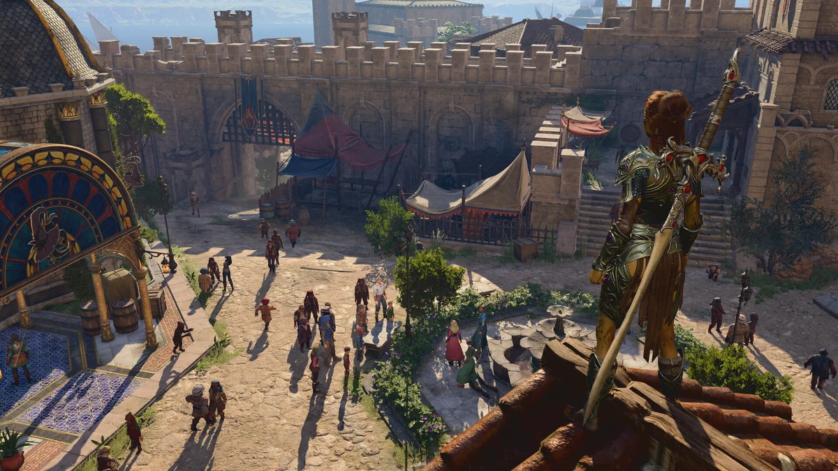 Lae'zel overlooking the ramparts and streets of Baldur's Gate in Larian Studios' Baldur's Gate 3