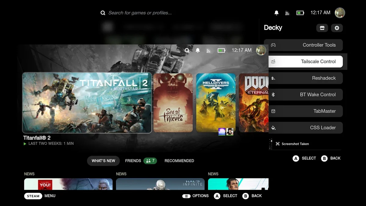 Bazzite Linux Steam Gaming Mode interface and Decky Loader running on PlayStation 5 hardware