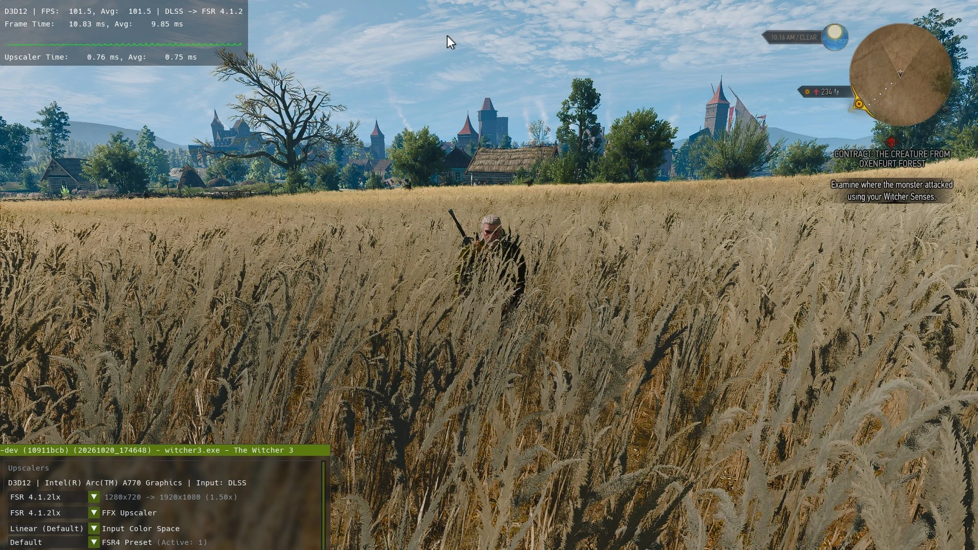 AMD FSR 4.1.2 Lite XMX benchmark on Intel Arc A770 in The Witcher 3 via OptiScaler