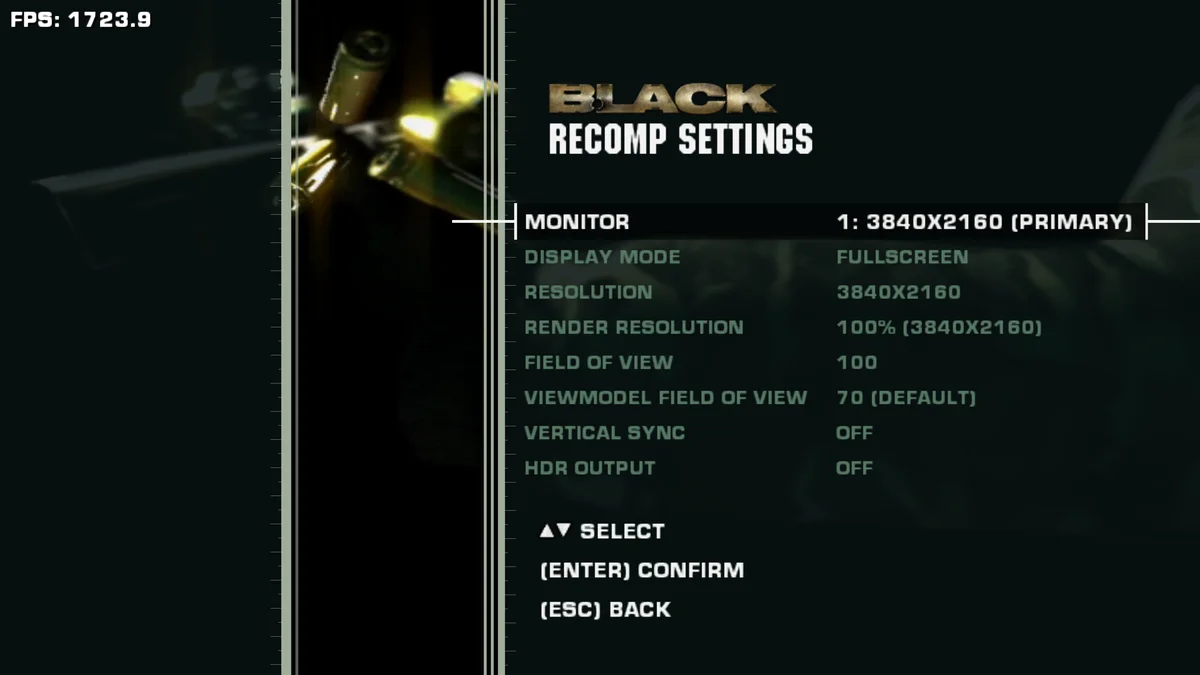 In-game Recomp Settings menu showing 4K resolution, FOV 100 and HDR options in BLACK-XBERecomp on PC