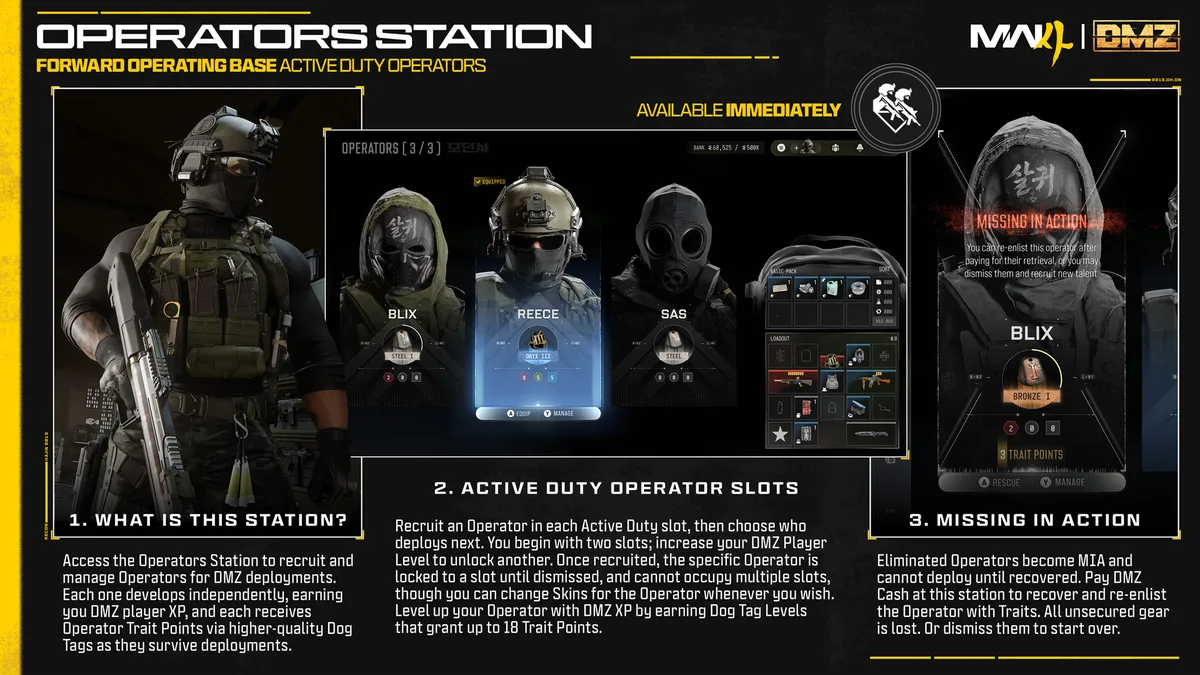 Operators Station and Missing in Action (MIA) recovery menu in the Modern Warfare 4 DMZ Forward Operating Base