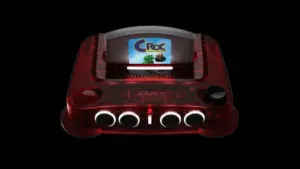 Official Croc Legend of the Gobbos cartridge inserted into the ModRetro M64 and Nintendo 64 compatible console