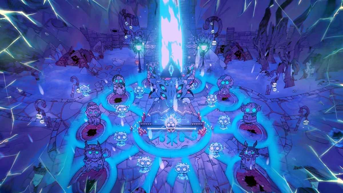Cult of the Lamb: Cult Ritual in the Woolhaven Expansion on Nintendo Switch 2 Gameplay screenshot of Cult of the Lamb Woolhaven showing the Lamb performing a ritual surrounded by followers on Nintendo Switch 2