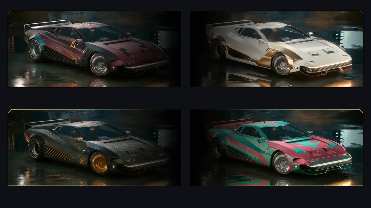 All 4 free TwinTone paint jobs for the Quadra Turbo-R V-Tech in Cyberpunk 2077 Patch 2.5 via Twitch Drops