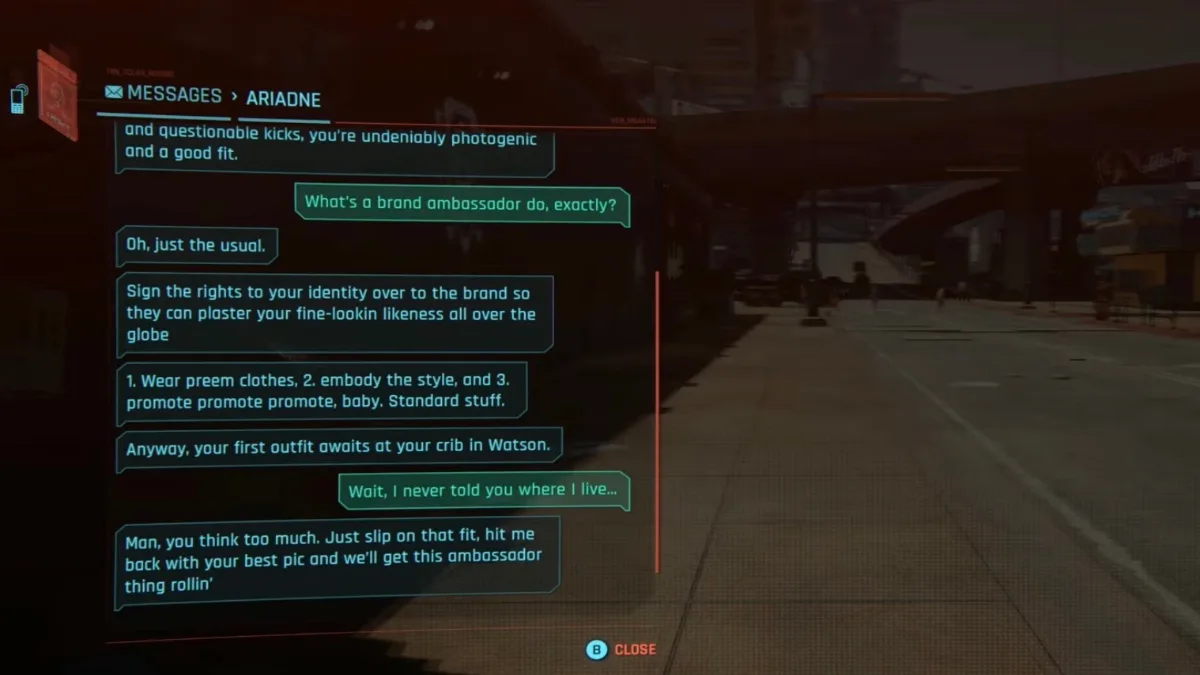 Ariadne SMS Text Message in Cyberpunk 2077 Patch 2.5 for Witcher 3 Gear