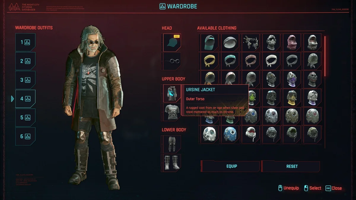 The Ursine Jacket and Ursine Pants inside the Wardrobe in Cyberpunk 2077 Patch 2.5
