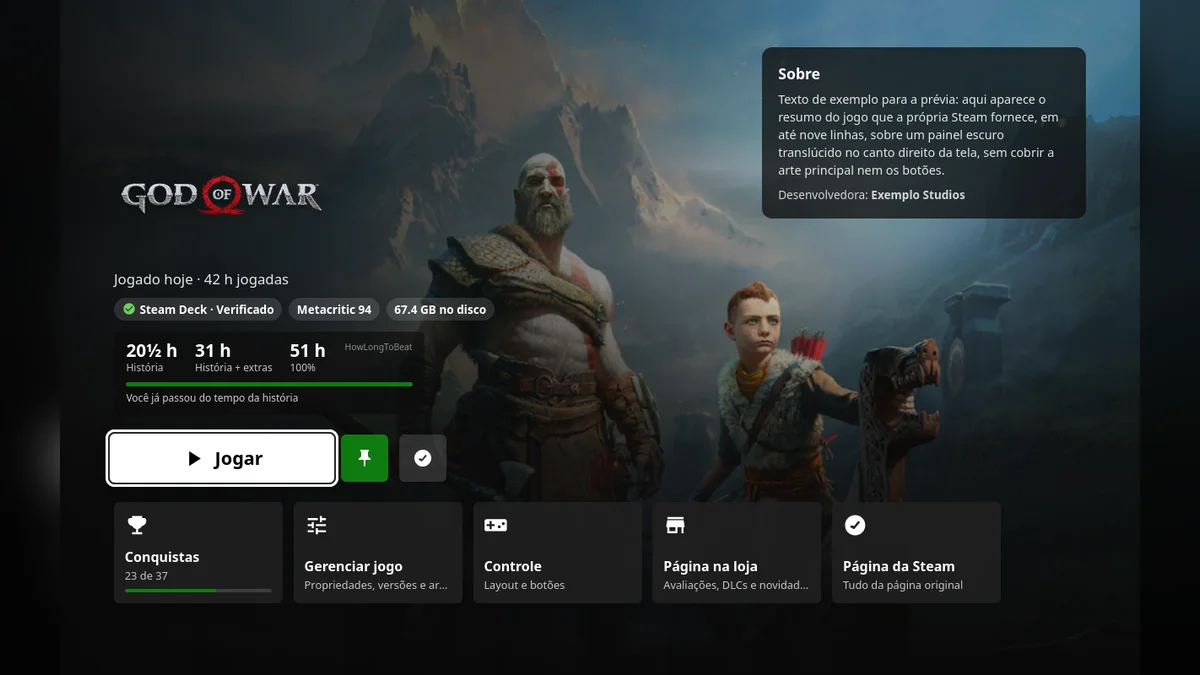 1280x800 screenshot of the Decky Xbox Dashboard Game Hub on Steam Deck showing HowLongToBeat progress and Steam Achievements