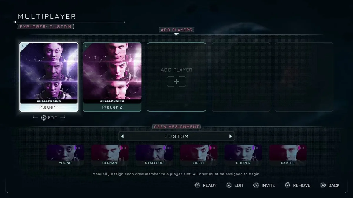 Directive 8020 online multiplayer crew assignment menu Directive 8020 online multiplayer crew assignment screen showing Young, Cernan, Stafford, Eisele, Cooper, and Carter