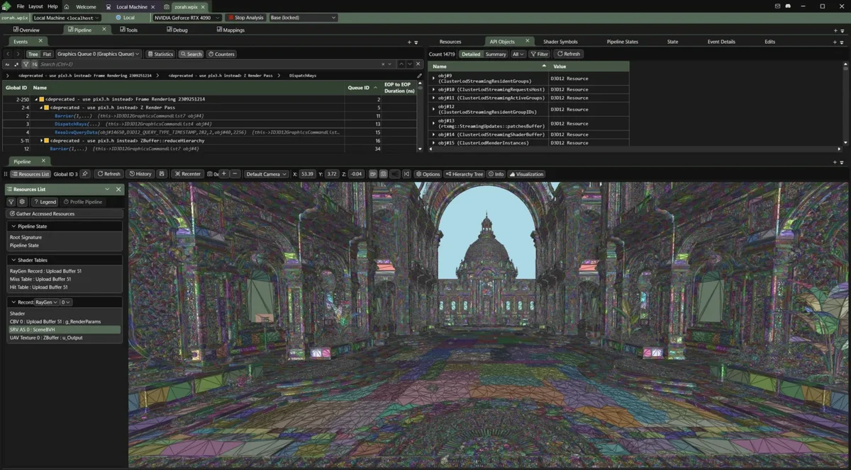 PIX analysis of the NVIDIA Zorah scene running DirectX 12 Clustered Geometry and Partitioned TLAS