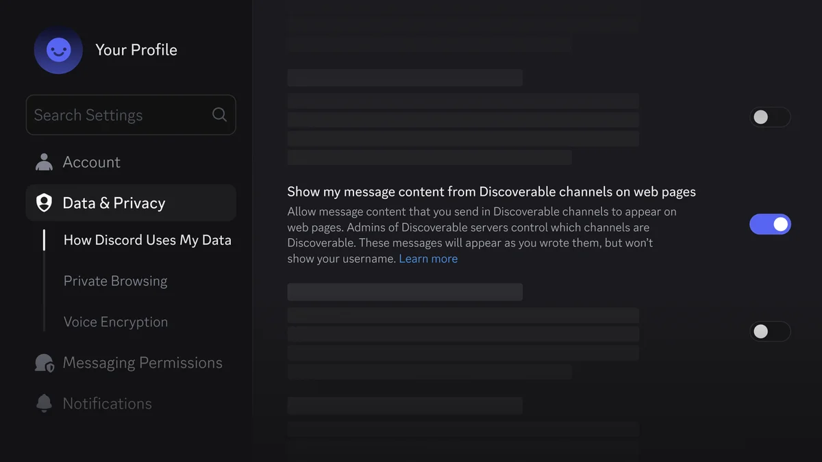 Official screenshot of Discord User Settings Data and Privacy toggle to hide channel message content from web pages and search engines