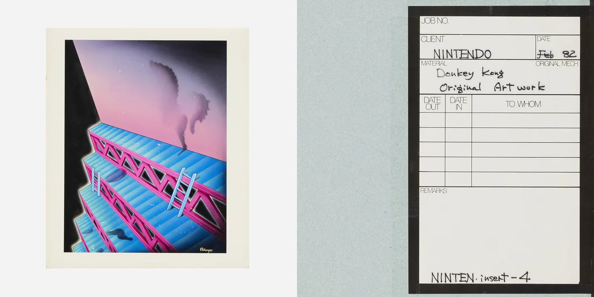 Donkey Kong 1981 airbrushed background beneath acetate overlay and original Nintendo February 1982 job ticket