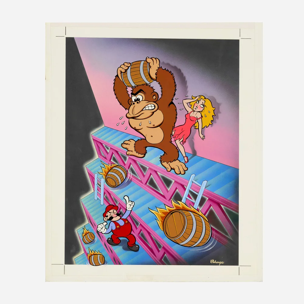 Original 1981 Donkey Kong North American arcade flyer painting by Leslie Cabarga featuring Jumpman, Pauline, and Donkey Kong