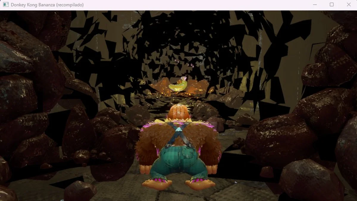 Donkey Kong Bananza running in a Windows 11 desktop window with NVN2 shader artifacts