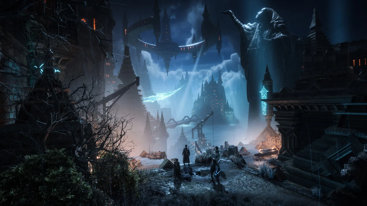 Rook and companions overlooking the gothic spires of Minrathous in Dragon Age: The Veilguard