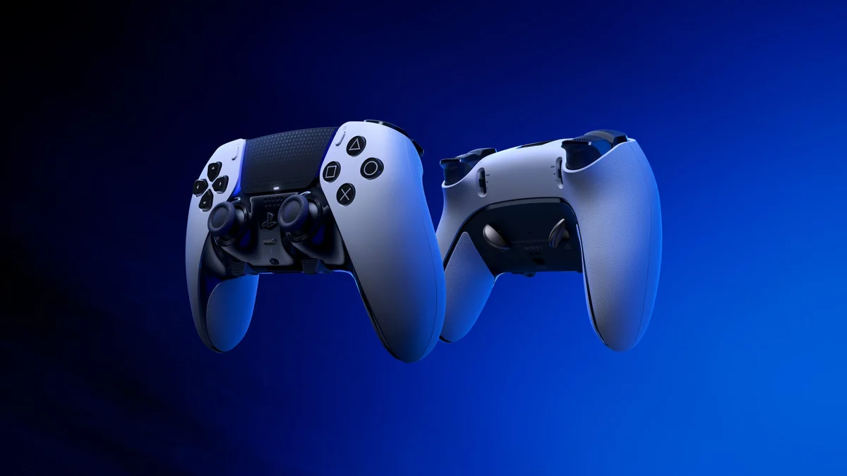 DualSense Edge wireless controller showing analog sticks and triggers fed into Sony neural decoder network