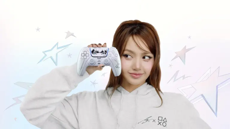 BLACKPINK's LISA holding the PS5 DualSense Wireless Controller LISA Limited Edition in Chroma Pearl